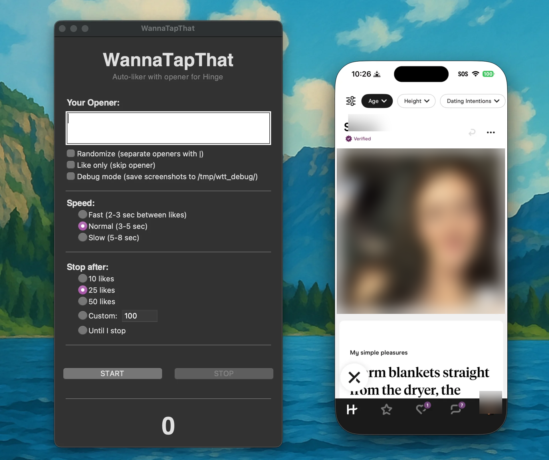 WannaTapThat liking Hinge profiles via iPhone Mirroring